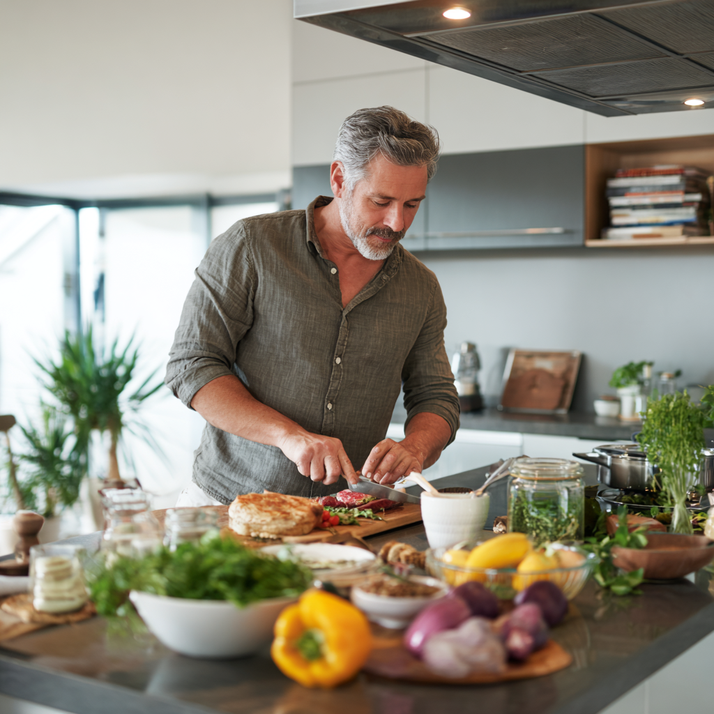 Middle-aged person preparing balanced nutritious meals in modern kitchen